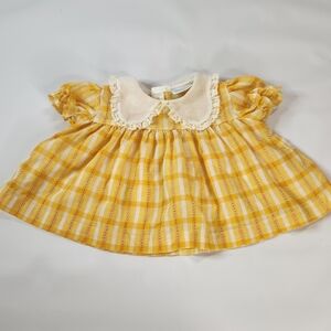 Vintage Nanette Baby Dress Yellow Checkered Puff Sleeves Peter Pan Collar